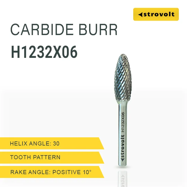 Strovolt Premium Tungsten Carbide Burr Shape H (Flame) 12mm x 32mm 6mm Shank Double Cut Rotary File - strovolt - SKU: CB3551232