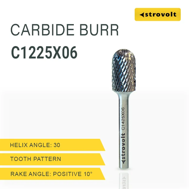 Strovolt Premium Tungsten Carbide Burr Shape C (Cylindrical Ball Nose) 12mm x 25mm 6mm Shank Double Cut Rotary File - strovolt - SKU: CB35C1225