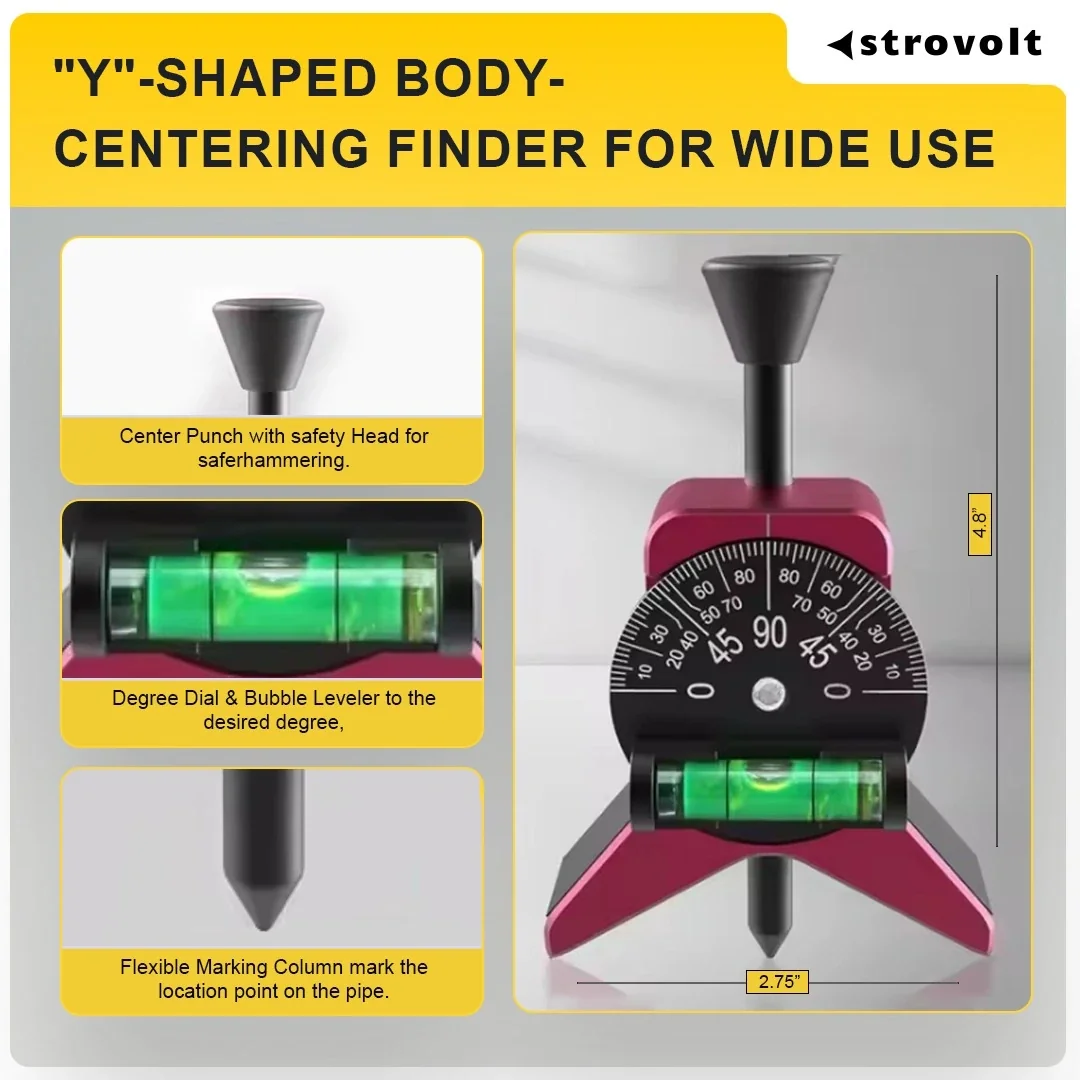 Strovolt Pipe Layout & Measuring Tool | Magnetic Center Finder with Adjustable Bubble Dial Protractor | 1.5" - 6" Capacity - strovolt - SKU: STRO-5981
