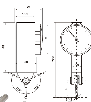 Long Styli Dial Test Indicator - DIN 2270 Precision Measuring Tool (Shock-Proof) - Variations - Technical Diagram - Dasqua 5221-1215